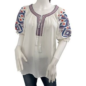 Anthropologie LUNA MOON New Large Peasant Blouse White Embroidered Boho Festival